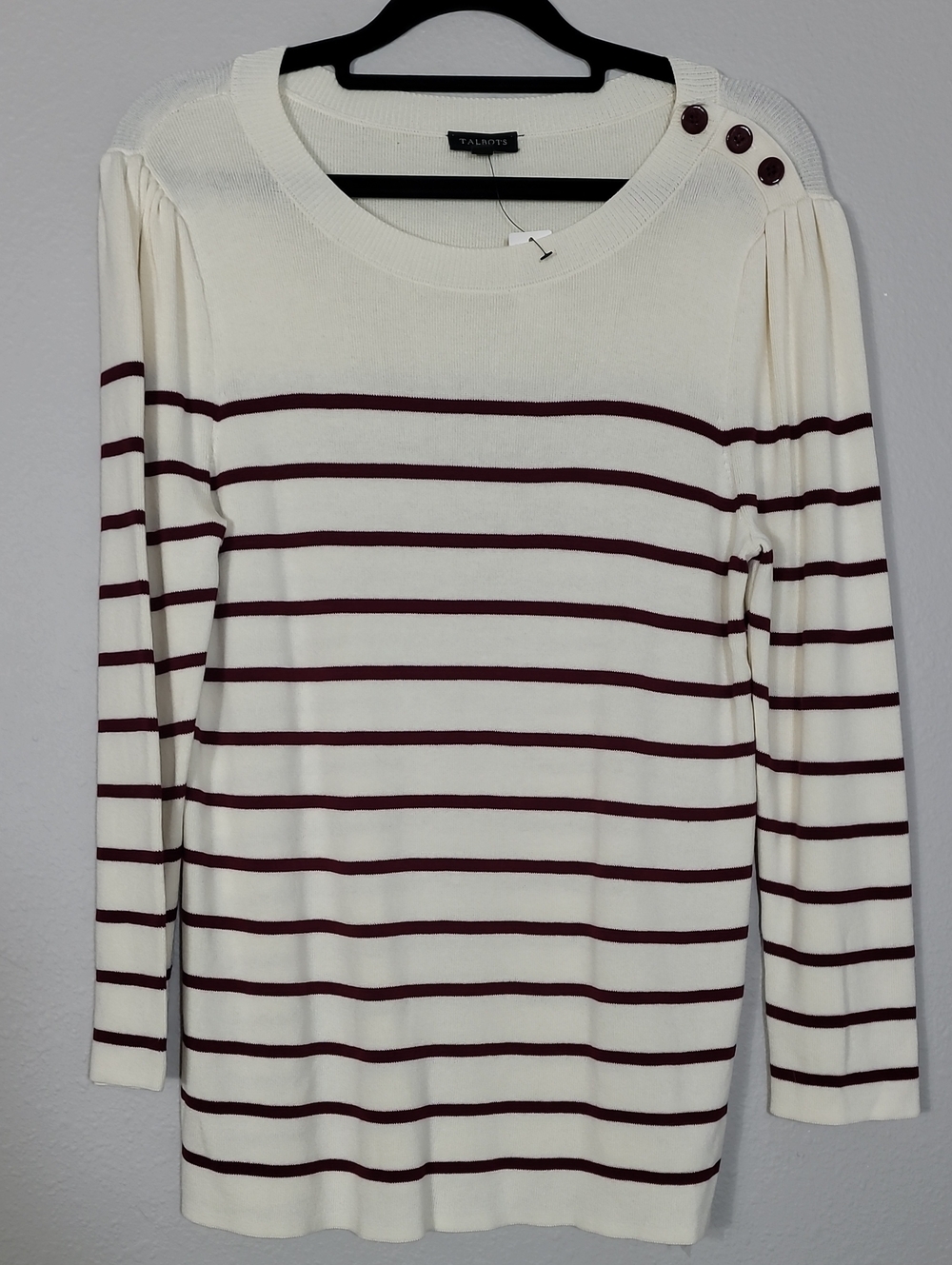 NWT Talbots Puff Sleeve Sweater Size Medium Cream Maroon Stripe Classic Office
